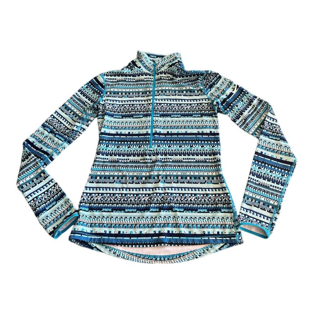 Nike‎ Pro Dri Fit Hyperwarm Half Zip Top Long Sleeve Women Medium Blue Geometric